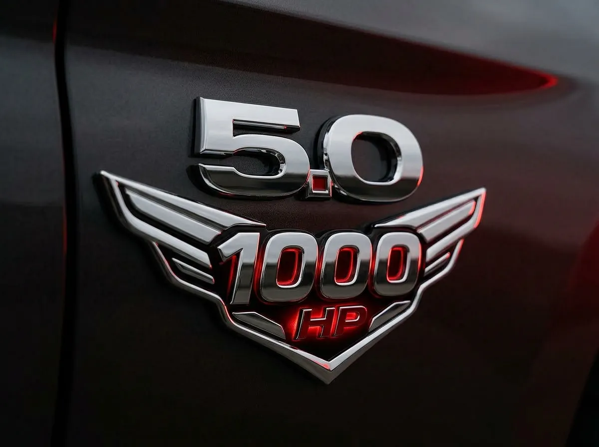 Macro close-up of chrome 5.0 and HP1000 winged emblem