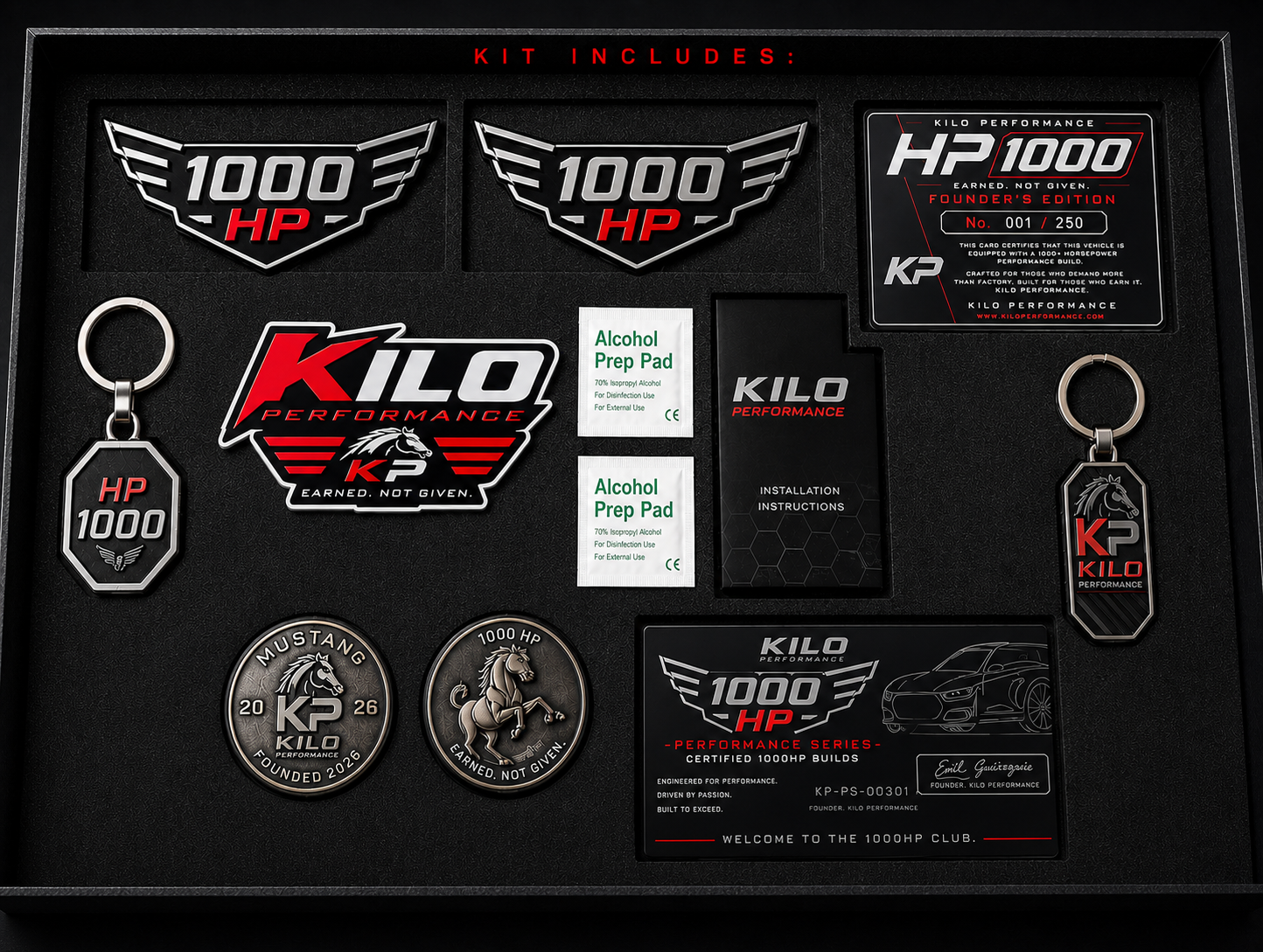 HP1000 Mustang emblem · Founder's Series HP1000 Founder's Series presentation kit — emblems, certificate, keychain, prep pads
