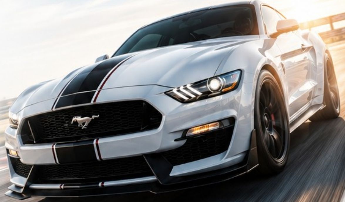 White Mustang with racing stripes — Kilo Performance enthusiast culture