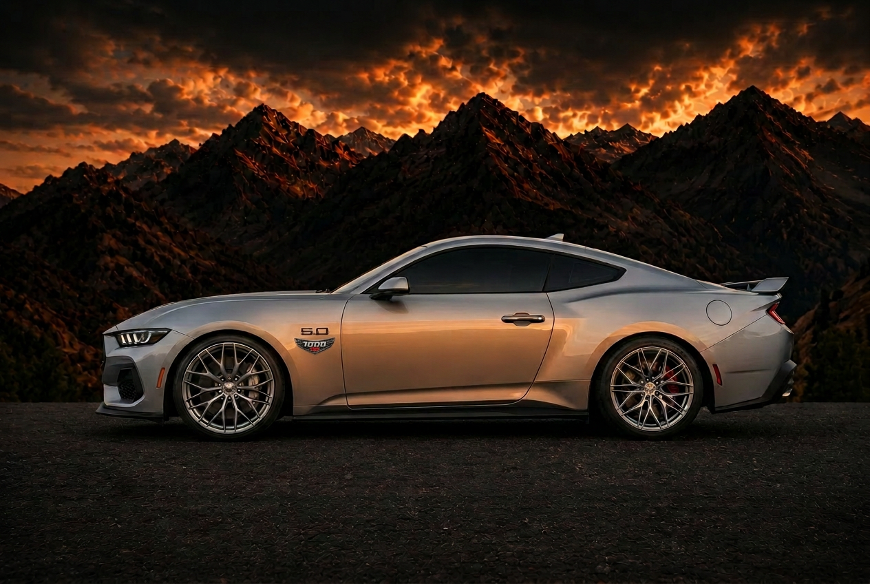 Silver Ford Mustang with 1000HP fender badge against sunset mountains — Kilo Performance