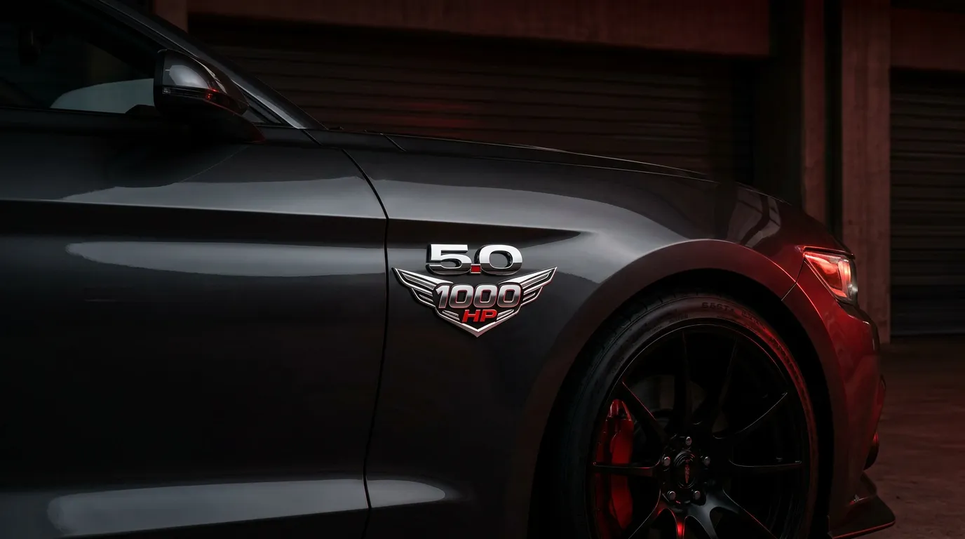 HP1000 Mustang emblem · Founder's Series Installed 5.0 + HP1000 winged emblem on charcoal Mustang fender