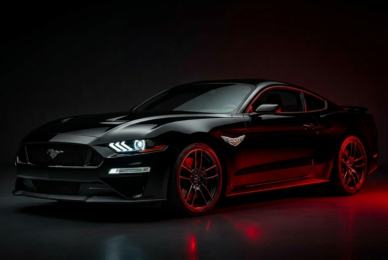 Black Mustang GT with installed HP1000 winged fender emblem — studio lifestyle shot