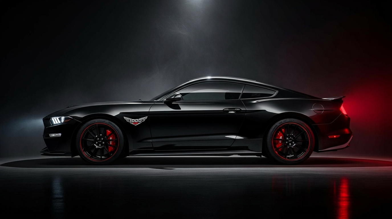Black S550 Mustang side profile with HP1000 emblem