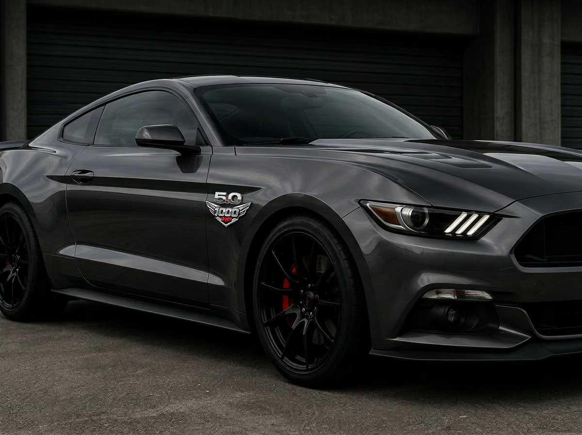 Mustang GT fender with HP1000 badge installed beneath the 5.0 emblem