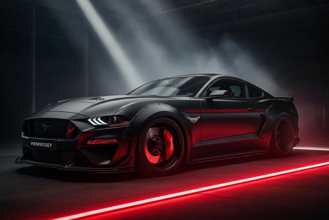 Widebody black Mustang with Kilo Performance HP1000 emblem