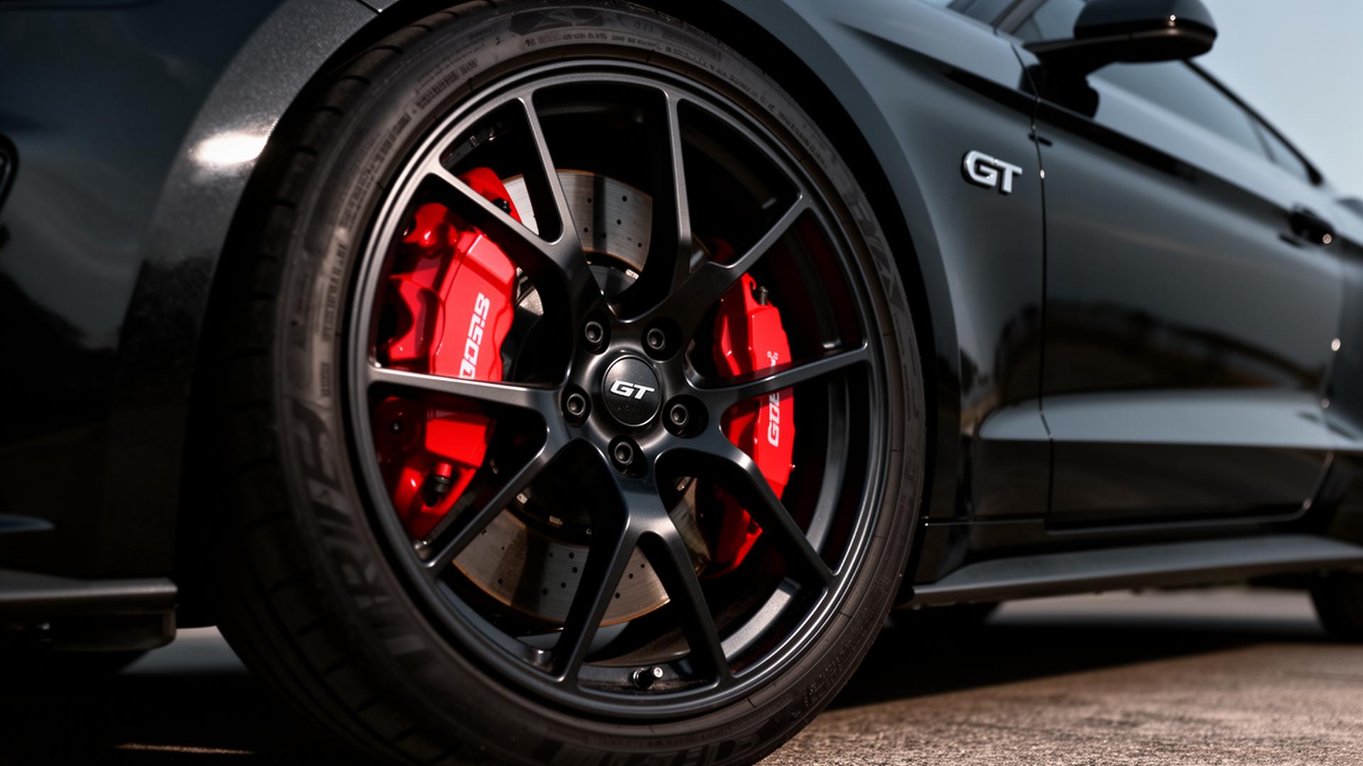 Supercharged Mustang wheel and red caliper detail